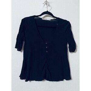 Zara Womens XS Ruched Sleeve Henley Cropped Top Black Flowy Cottagecore Boho